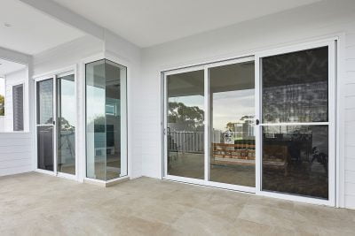 Ascend sliding & stacking doors, louvre and 90 degree window in Pearl White