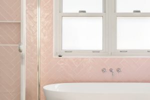Paragon double hung window in Pearl White with silver hardware. Mavid Construction