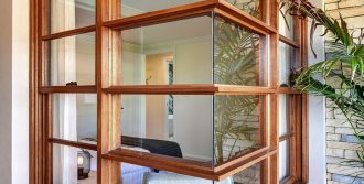 Natura timber double hung window and 90 degree corner join window