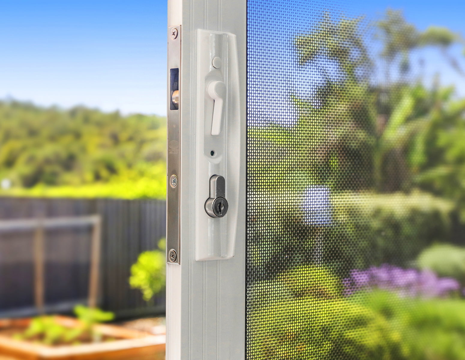 SecureLine security screen sliding door hardware in Pearl White