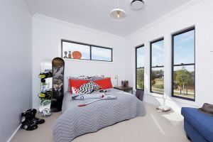Black double hung windows in a boys bedroom