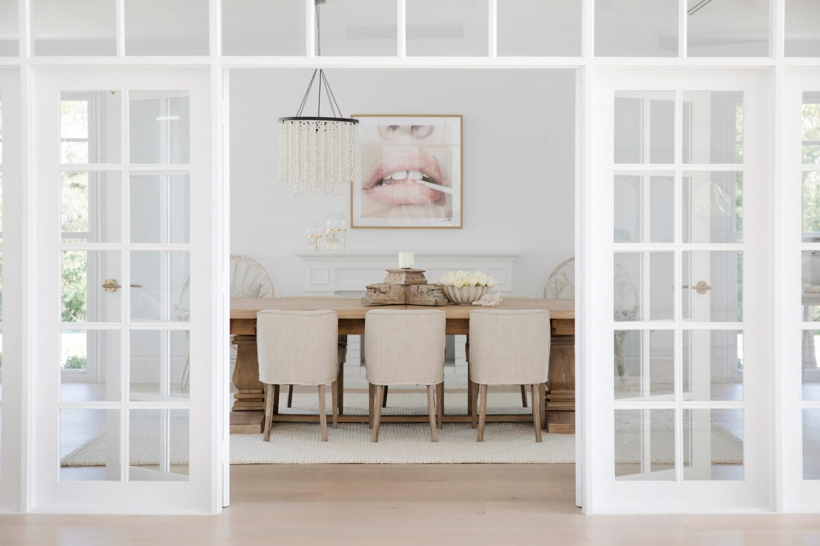 Three Birds Renovations: Natura timber french doors with colonial bars and highlight windows painted white, House 8