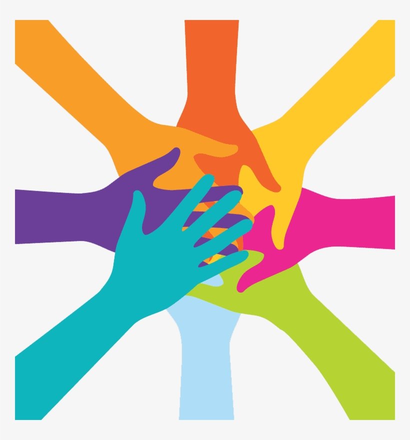 Illustration of eight overlapping coloured hands