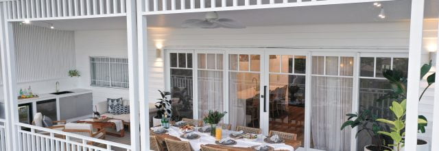 Outdoor leisure area with large glass windows